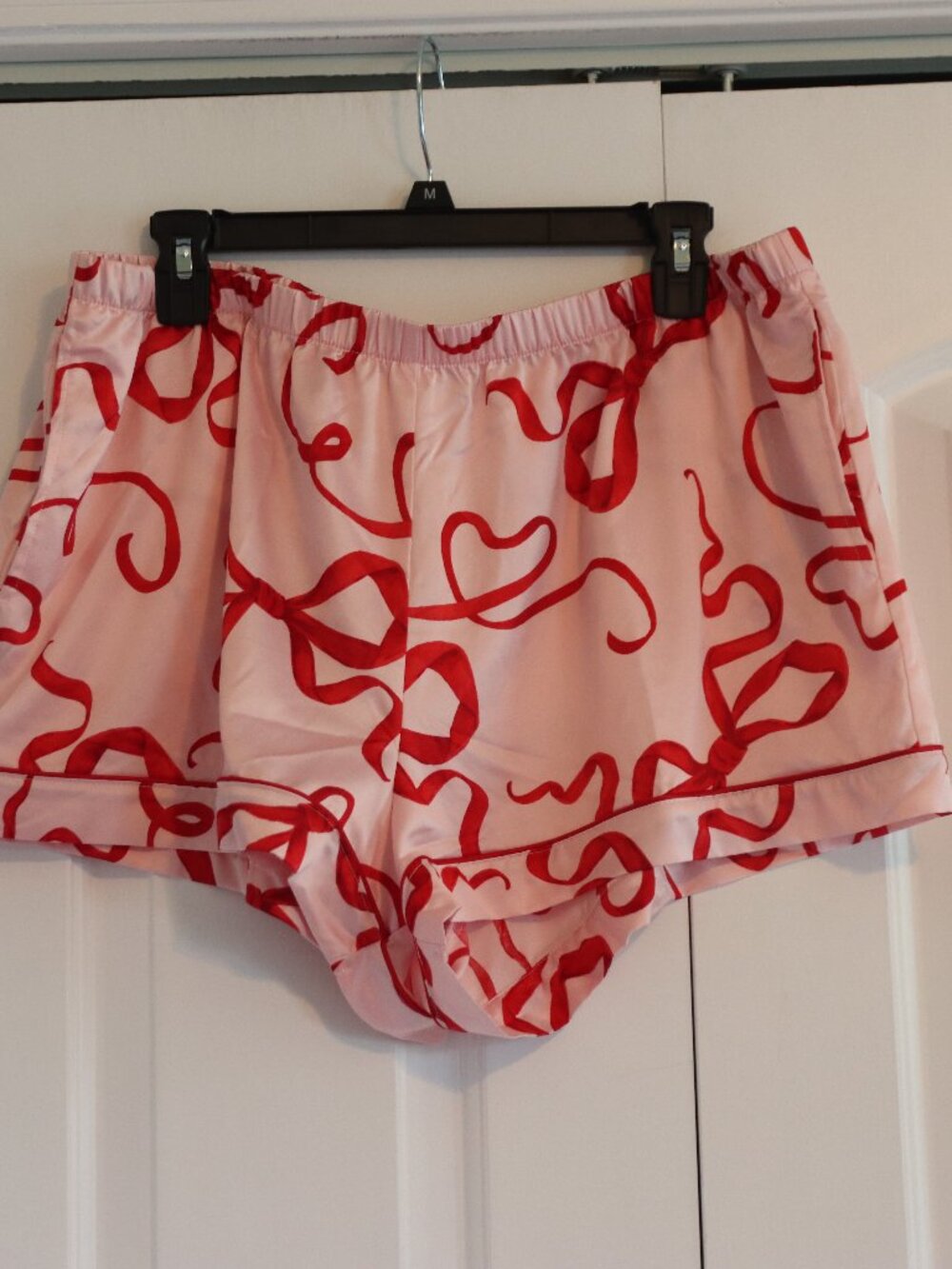 JoySpun Satin Pink Pajama/Lounge Shorts Red Ribbon Elastic Waist Size XL